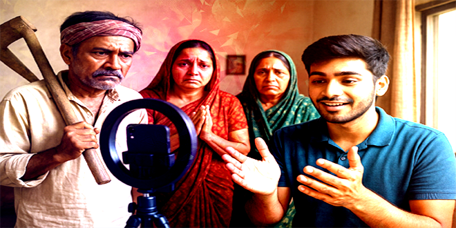 একজন তরুণ মোবাইলে কন্টেন্ট তৈরি করছে, পেছনে তার হতাশ বাবা-মা তাকিয়ে আছেন।